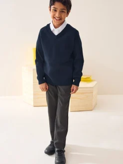 Bleu marine - Pull scolaire tricoté à col en V (3-16ans)