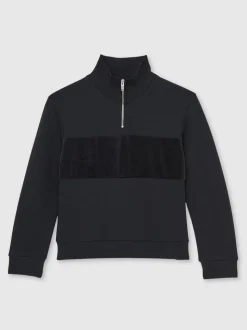 Bleu marine - Reiss Selin Coupe ajustée Half-Zip Col cheminée Velour Sweat-shirt