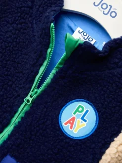 Bleu marine - Veste JoJo Maman Bébé à damier en Borg à capuche