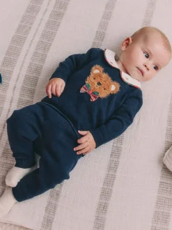 Bleu marine motif ours - Ensemble pull et legging en maille bébé (0mois-3ans)