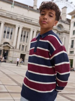 Bleu marine/Bordeaux Rayure - Chemises de rugby en maille (3-16ans)