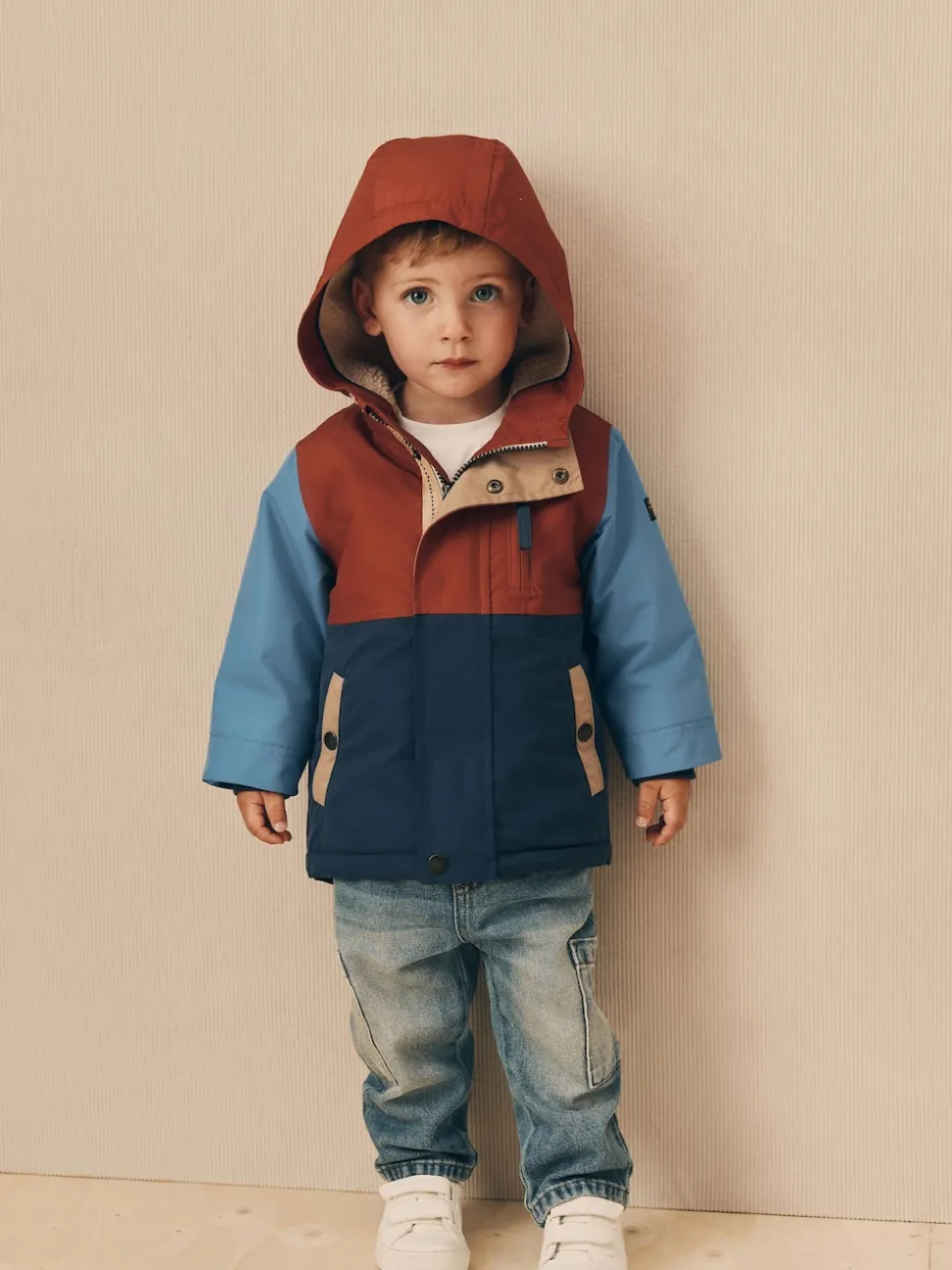 Bleu marine/Rouge color block - Parka imperméable doublée de borg (3mois-7ans)