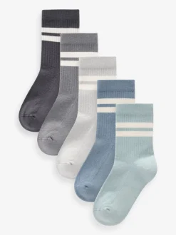 Bleu minéral/gris - Cushioned Semelle intérieure Cotton Rich Ribbed Tipped Chaussettes 5 Lot
