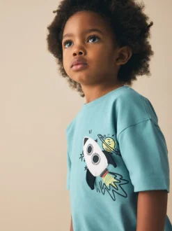 Bleu motif fusée - T-shirt interactif à manches courtes (3 mois à 7 ans)