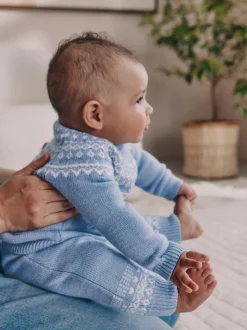 Bleu motif jacquard - Ensemble haut et legging en maille (0mois-2ans)