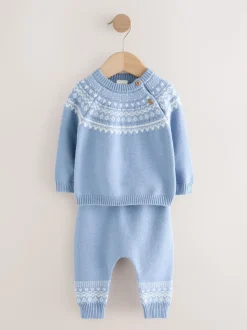 Bleu motif jacquard - Ensemble haut et legging en maille (0mois-2ans)