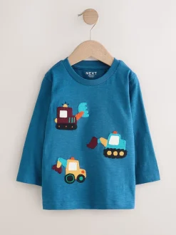 Bleu motif pelleteuse de transport - T-shirt appliqué à manches longues (3 mois-7 ans)