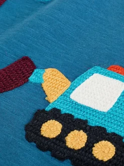 Bleu motif pelleteuse de transport - T-shirt appliqué à manches longues (3 mois-7 ans)