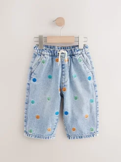 Bleu moyen - Jean en denim brodé 100 % coton (3mois-7ans)