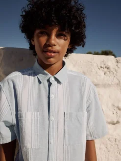 bleu pâle - Chemise à manches courtes en lin Blend rayée (3-16ans)