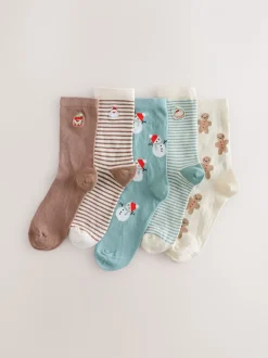 Bleu/Neutre - Lot de 5 chaussettes de Noël riches en coton
