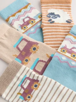 Bleu/neutre motif ferme - Lot 5 paires de chaussettes Character riches en coton