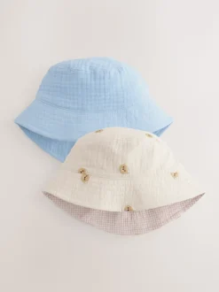 Bleu/ours neutre brodé - 100% coton Bébé Chapeaux seaux 2 Lot (0mois-2ans)