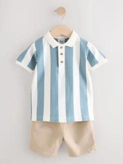 Bleu/Tan - Ensemble polo texturé à manches courtes et short (3mois7ans)