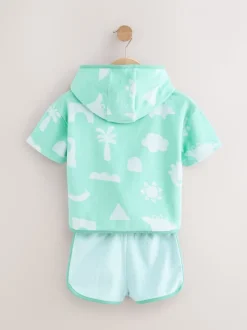 Bleu/Vert Imprimé - Ensemble 100% coton éponge (3mois-7ans)