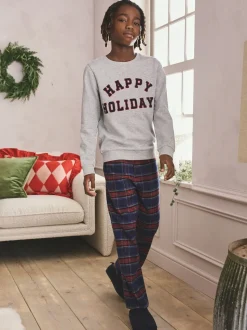 Bonnes fêtes à carreaux gris/bleu marine/rouge - Pyjama tissé simple de Noël en famille (5-16ans)