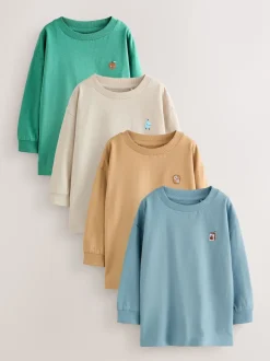 Broderie Nourriture Minéraux Personnage - Lot de 4 t-shirts imprimés graphiques à manches longues (3mois-7ans)