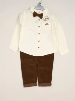 Brun foncé - Little Gent nœud papillon en velours côtelé avec nœud papillon et pantalon avec bretelles