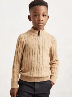 Camel mélangé - Pull Reiss Clovelly en laine mélangée à col zippé et motif torsadé