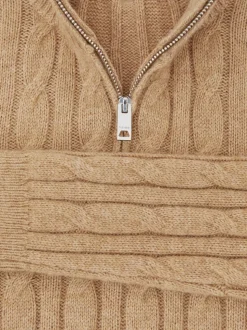 Camel mélangé - Pull Reiss Clovelly en laine mélangée à col zippé et motif torsadé