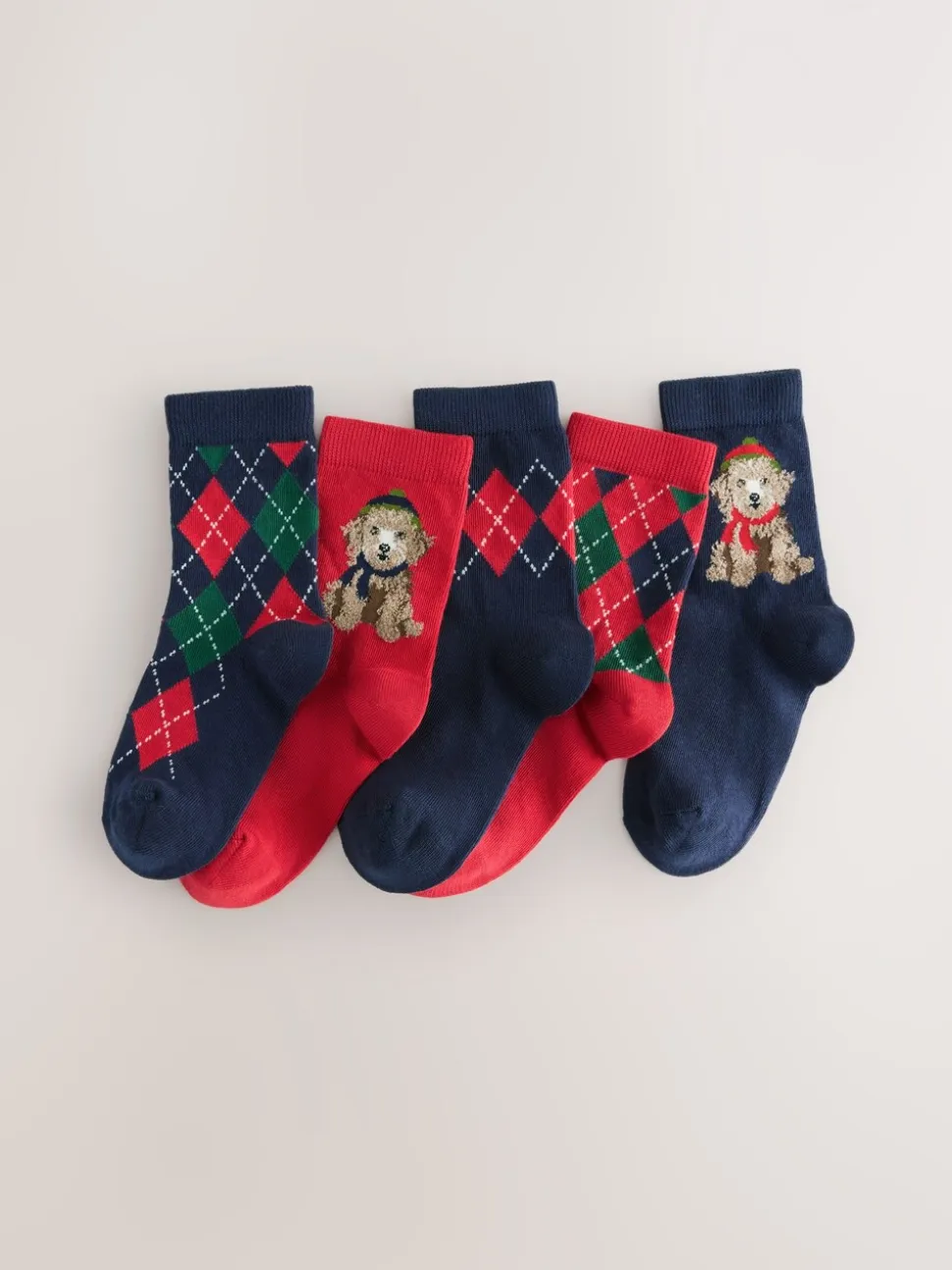 Chien Argyle bleu marine/rouge - Lot de 5 chaussettes de Noël riches en coton
