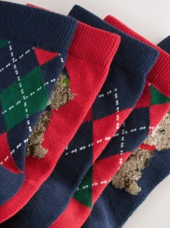 Chien Argyle bleu marine/rouge - Lot de 5 chaussettes de Noël riches en coton