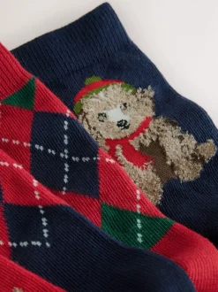 Chien Argyle bleu marine/rouge - Lot de 5 chaussettes de Noël riches en coton