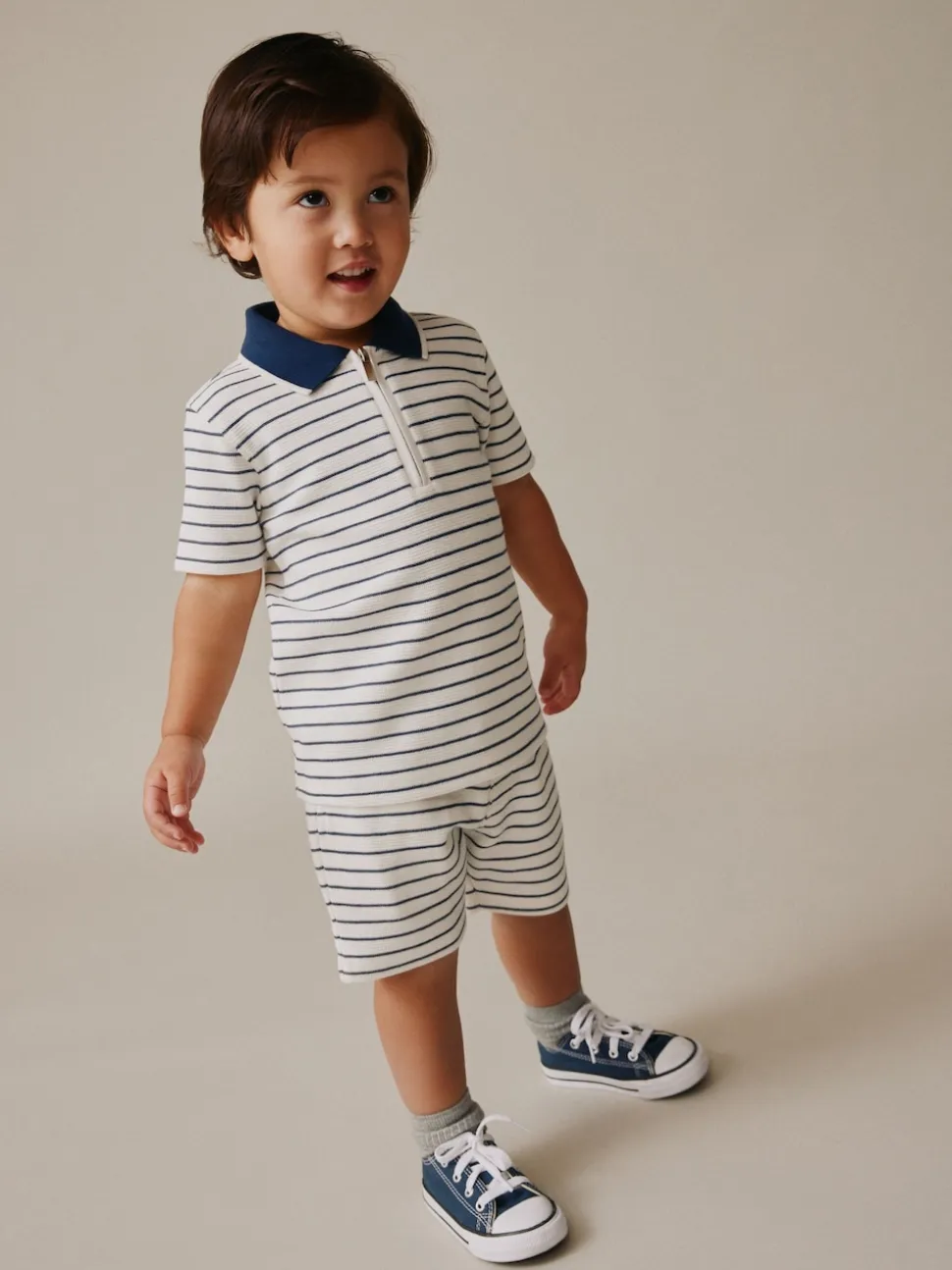Col zippé à rayures bleu marine et blanc - Ensemble polos et shorts de manches (3mois-7ans)