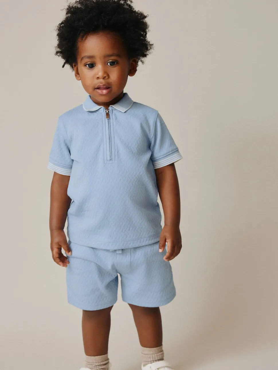 Col zippé bleu - Ensemble polos et shorts de manches (3mois-7ans)