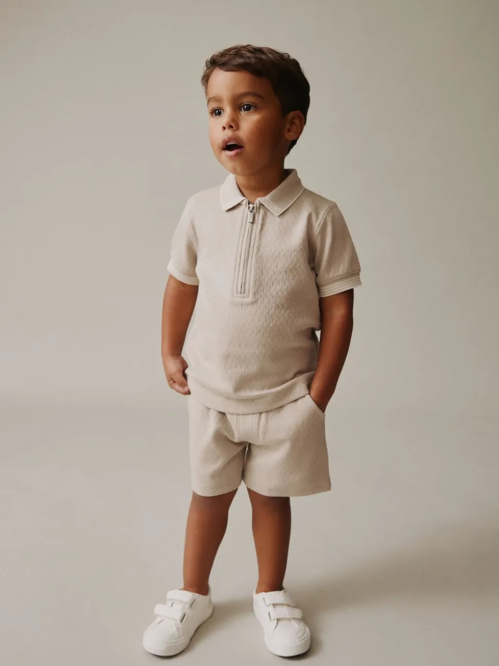Col zippé neutre - Ensemble polos et shorts de manches (3mois-7ans)