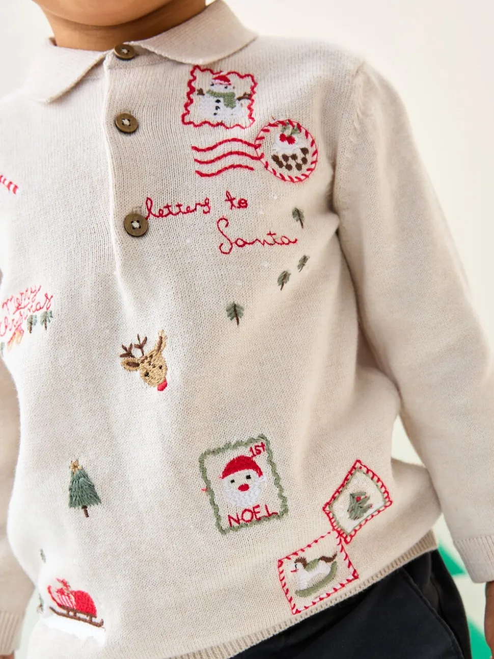 Crème - Polo de Noël en maille brodé sur l’ensemble (3mois7ans)