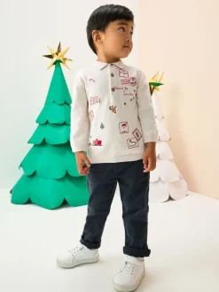 Crème - Polo de Noël en maille brodé sur l’ensemble (3mois7ans)