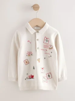 Crème - Polo de Noël en maille brodé sur l’ensemble (3mois7ans)