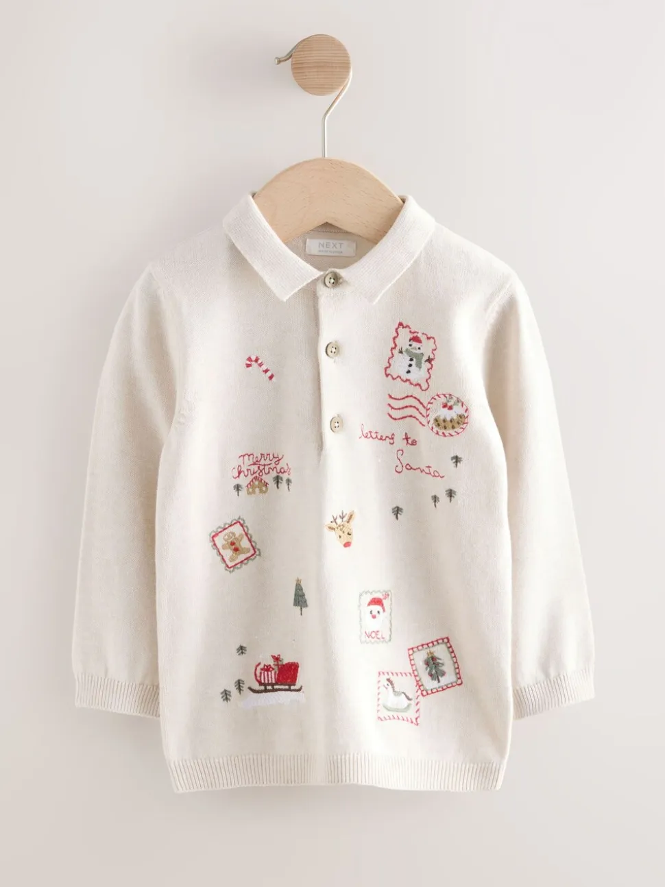 Crème - Polo de Noël en maille brodé sur l’ensemble (3mois7ans)