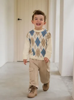 Crème Argyle - Pull en coton à col rond en maille (3mois -7ans)