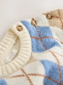 Crème Argyle - Pull en coton à col rond en maille (3mois -7ans)