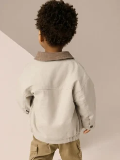 Crème/Marron - Blouson bomber en toile à col en velours côtelé (3mois -7ans)