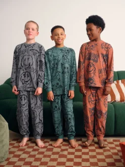 Crâne graffiti vert/orange - Lot de 3 pyjamas à manches longues (3-16ans)