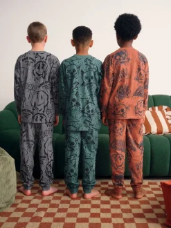 Crâne graffiti vert/orange - Lot de 3 pyjamas à manches longues (3-16ans)