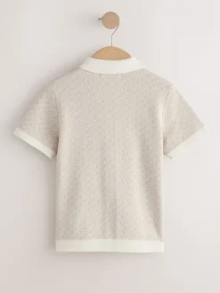 Écru motif géométrique - Polo boutonné en maille (3-16ans)