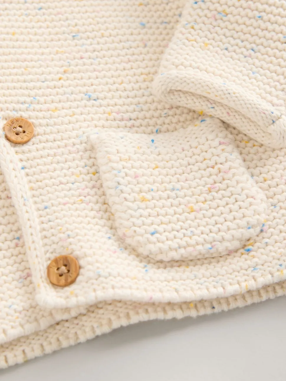 Écru moucheté - Bébé à capuche en tricot Cardigan