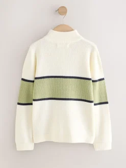 Écru/vert - Pull colorblock en maille à col zippé (3-16ans)