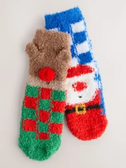 Damier Père Noël/Renne - Lot de 2 paires de chaussettes douillettes Noël