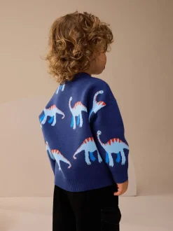 Dinosaure bleu - Pull col rond en maille (3mois-7ans)