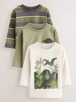 Dinosaure vert - Lot de 3 t-shirts imprimés graphiques à manches longues (3mois-7ans)