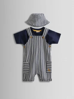 Ensemble JoJo Maman Bébé Salopettes à rayures, T-shirt et Chapeaux 3pièces