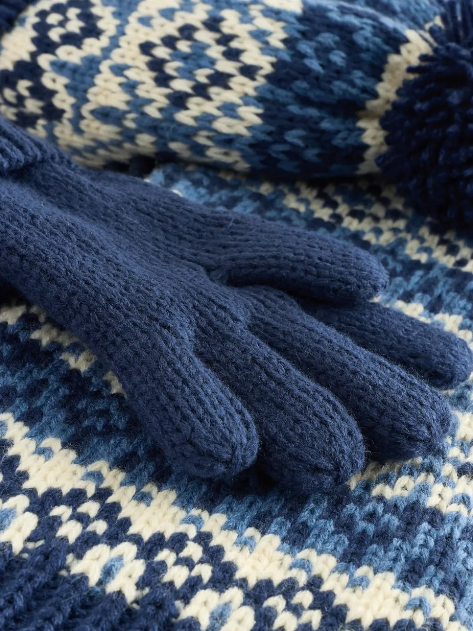 Fairisle bleu/blanc - Ensemble chapeau, écharpe et gants 3 pièces (3-16ans)