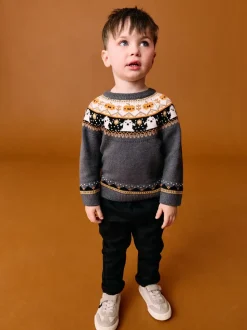 Fairisle gris anthracite - Pull à col rond en maille d’Halloween (3mois à7ans)