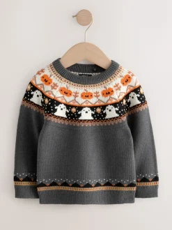 Fairisle gris anthracite - Pull à col rond en maille d’Halloween (3mois à7ans)