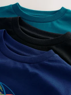 Football Bleu/Bleu canard/Noir - Lot de 3 T-shirts à manches longues coupe décontractée avec imprimé graphique (3-16ans)